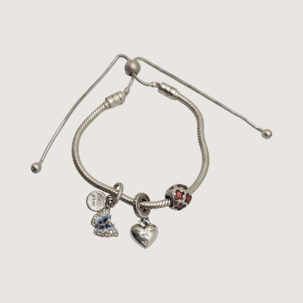 Pandora Sterling Silver Snake Chain Slider Bracelet Butterfly Heart Charms Set